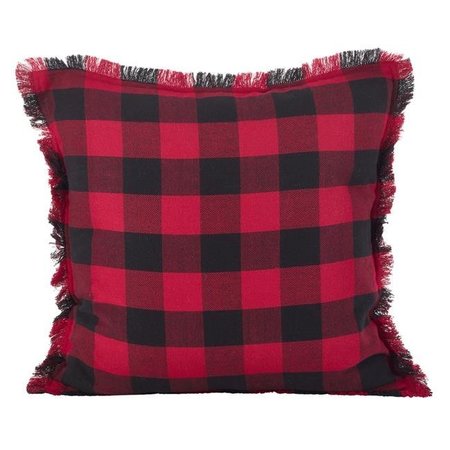SARO LIFESTYLE SARO 9026P.R20S 20 in. Square Fringed Buffalo Plaid Design Cotton Throw Pillow with Down Filling  Red 9026P.R20S
